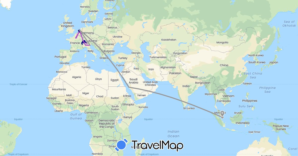 TravelMap itinerary: driving, plane, train, boat in Switzerland, Germany, France, Italy, Netherlands, Saudi Arabia, Singapore (Asia, Europe)
